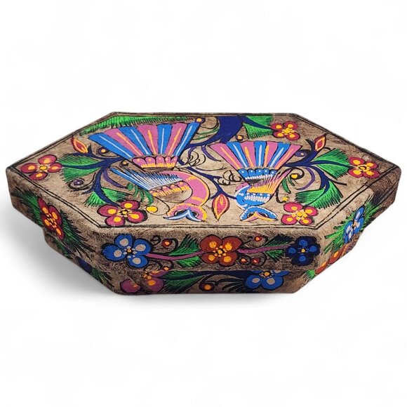 Vintage Hand Painted Cajas Taxco Boho Trinket Box Owl Decor Mexican Folk Art 7" - Picture 5 of 9